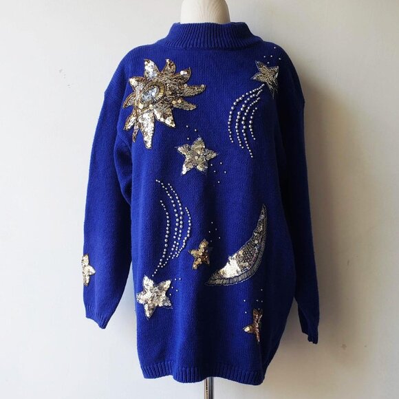 Vintage Whimsigoth Cobalt Blue Constellation Star Celestial Knit Sweater - Picture 2 of 9